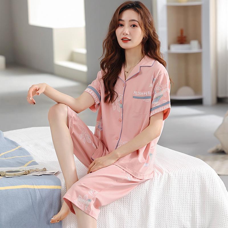 [Soft] Pajamas women's summer pure cotton short-sleeved cropped pants thin summer Korean version summer loungewear set