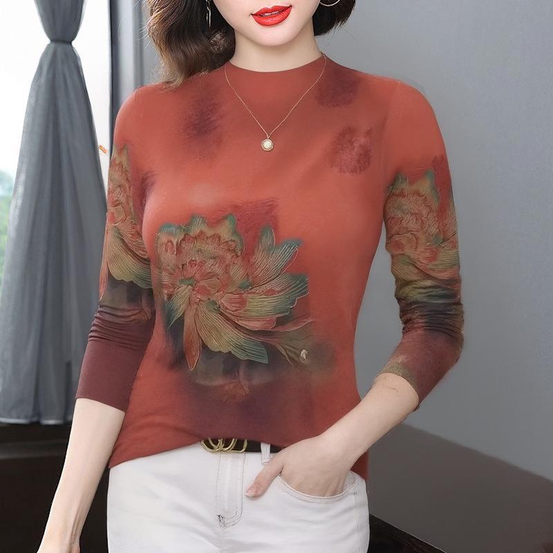 

Women s Warm Printed High-Collar Long Sleeve Velvet Base Layer - Slimming Top for Middle-Aged & Elderly Mothers L