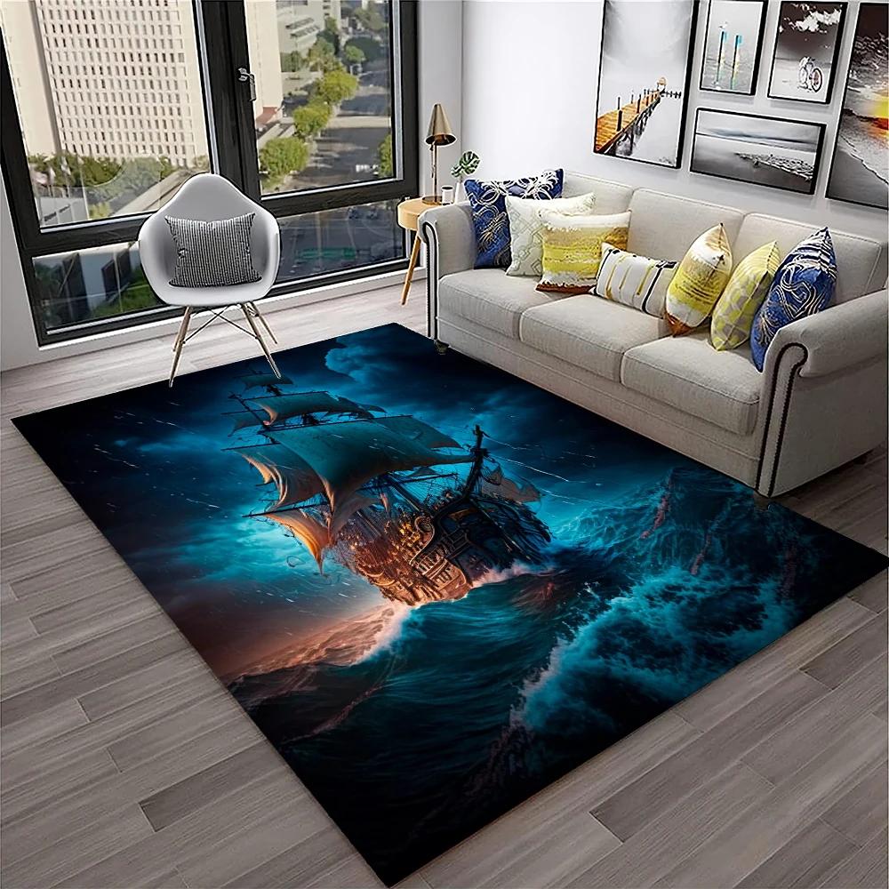 3D Piratenschiff Boot, Bark, Segelboot Teppich für Zuhause Wohnzimmer Schlafzimmer Sofa Fußmatte Dekor, Kinderbereich Teppich Rutschfeste Bodenmatte