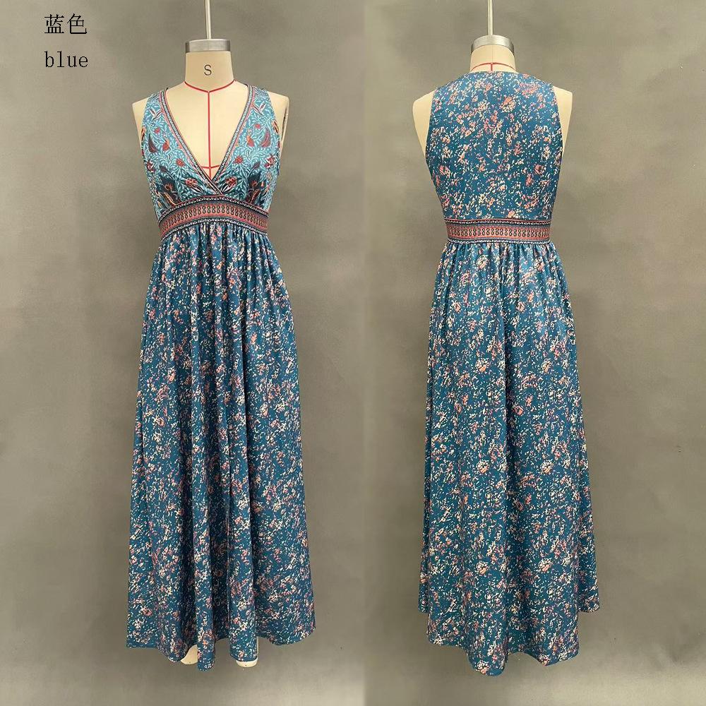 Summer New Bohemian Sleeveless Print Deep V-Neck Split Dress