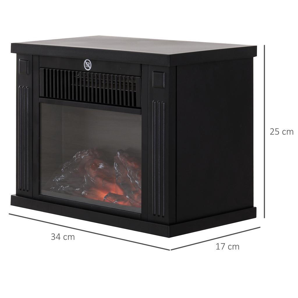 Electric Fireplace, 600/1200 W, Tabletop, Flame Effect, 10-15 m², 34 x 17 x 25 cm, Black