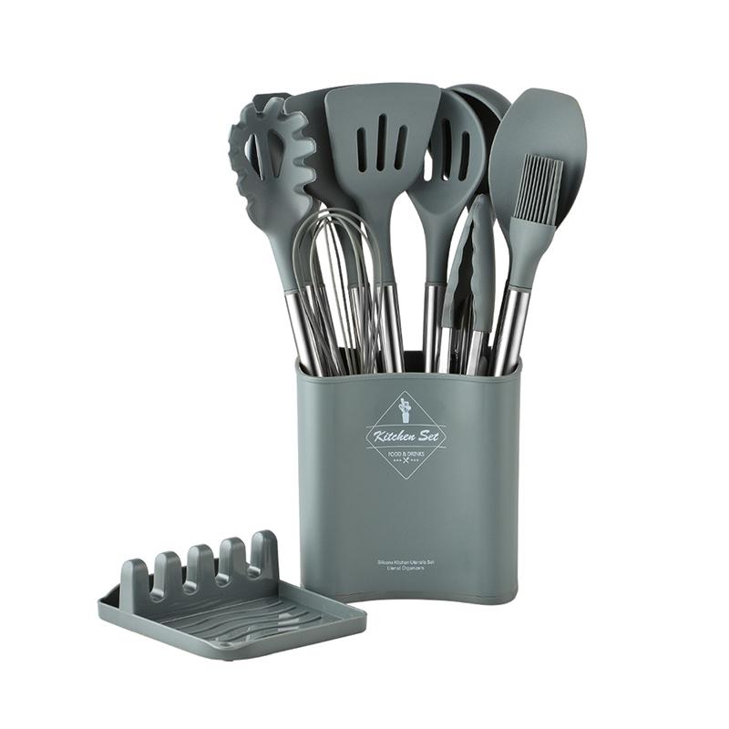 Square Bucket Stainless Steel Handle Silicone Kitchenware Set 13pieces Heat Resistant Cooking Utensils