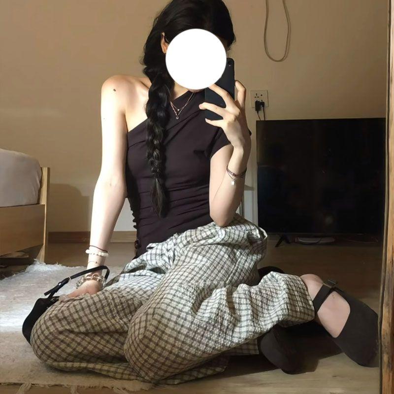 Summer Retro American Relaxed Fit Drawstring Low-Rise Wide-Leg Plaid Casual Pants - Textured Grid Trendy Trousers