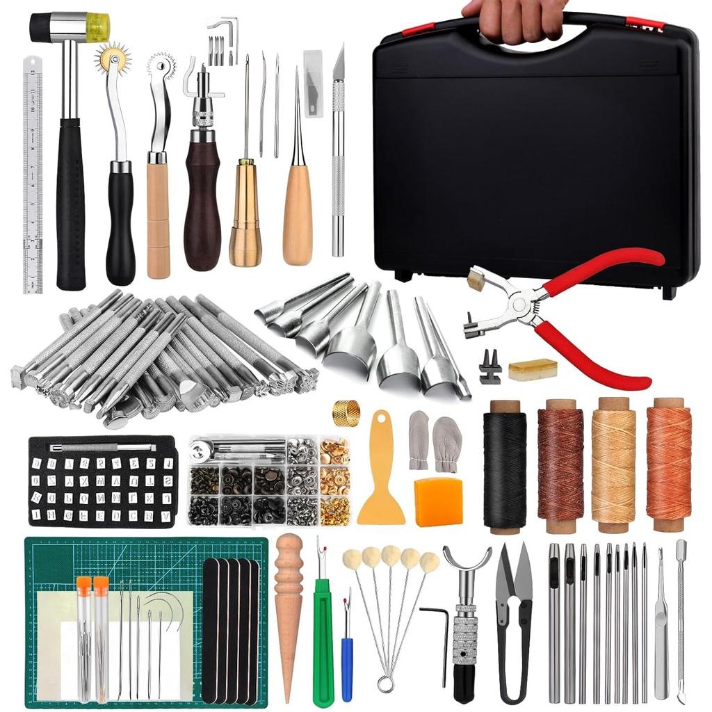 273 Pieces Leather Working Tools and Supplies with Leather Tool Box Cutting Mat Hammer Stamping Needles Snaps and Rivets Kit Perfect
