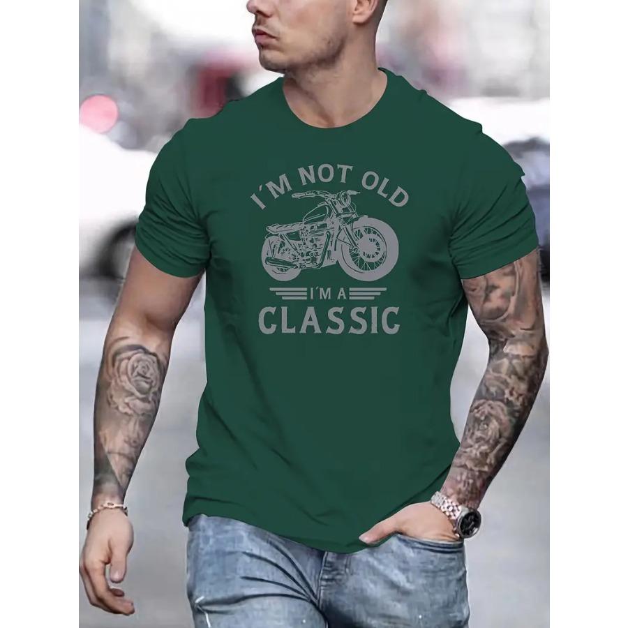 Men's Classic Motorcycle Graphic T-Shirt - "I'M NOT OLD I'M A CLASSIC" Print, Round Neck, Short Sleeve, Casual Summer Tee Relaxed Fit, Vibrant Graphic