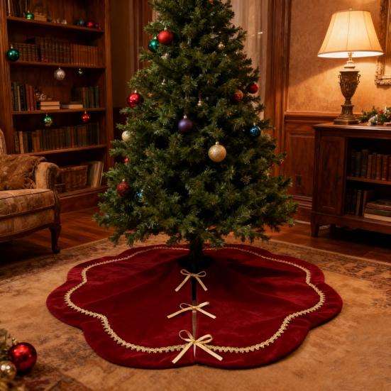 Sukně pod vánoční stromek Sametová chlupatá mušlová sukně pod stromek se zlatou krajkovou lemovkou pro rustikální vánoční svátky Domácí vnitřní party dekorace