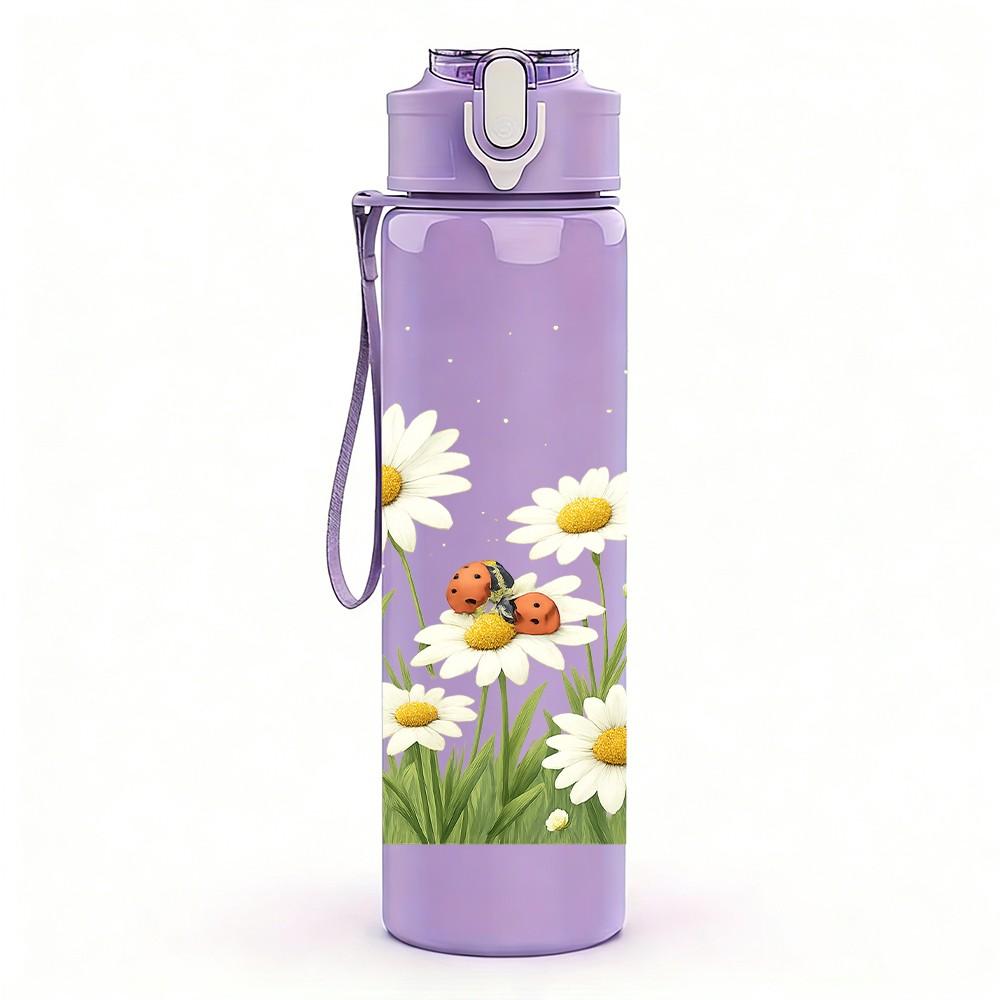 1 PZ Bottiglia Sportiva in Plastica da 750ml Campo di Fiori Selvatici e Erba Margherite Tappo Flip-Straw Ermetico Adatta per Sport Ufficio Uso Domestico