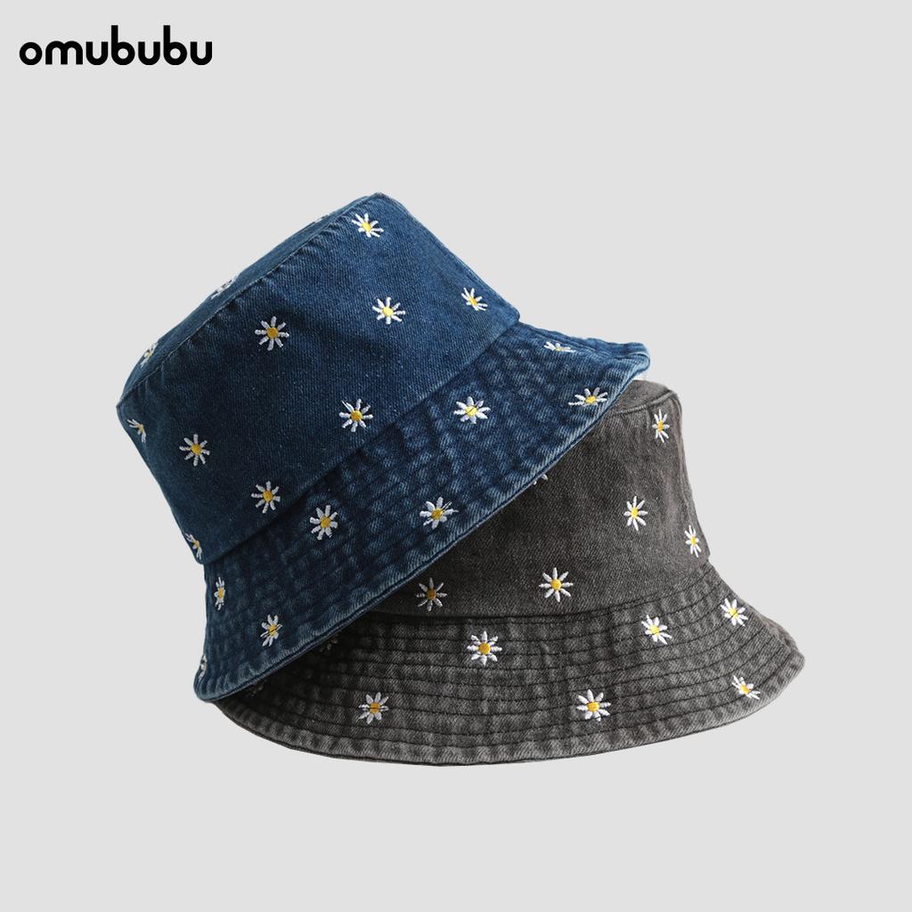 Vintage Washed Denim Bucket Hat Women Spring Summer Outing Visor Hat Daisy Embroidered Flower Pot Hat Men
