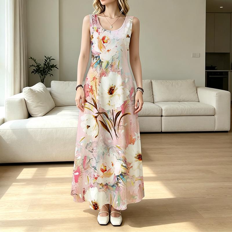 U-Neck Sleeveless Floral Maxi Dress Urban Casual,Flowy Hem,Comfy Fabric,Fashionable & Versatile for Daily Wear & Parties