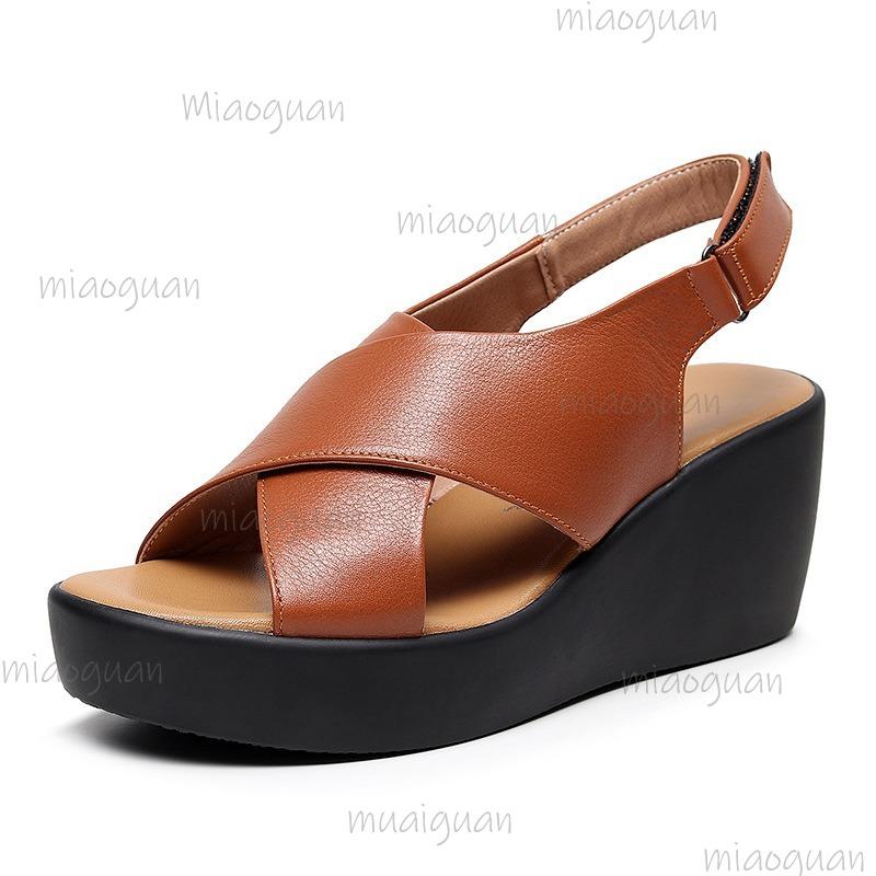 Women s Cross-Strap Platform Wedges Sandals Soft Leather Slingback Casual Sandals Ankle Strap Comfortable Non-Slip Summer Shoes 41 коричневый