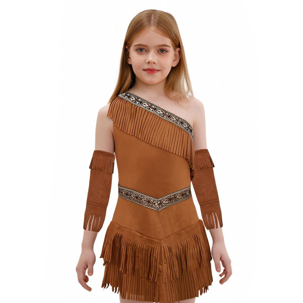 Indiánské šaty pro děti dívky - Jednoramenné bez rukávů s třásněmi semišové s rukávy s třásněmi Halloweenský cosplay plesové šaty