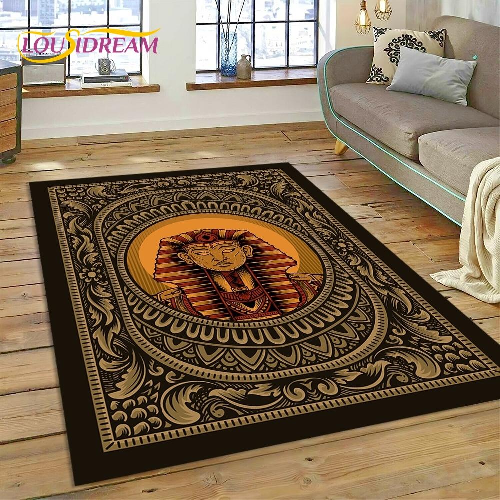 3D Pharaoh Hieroglyphic Egyptian Mythology HD Rug Carpet for Living Room Bedroom Home Decor,Non-slip Decoration for Sofa Doormat