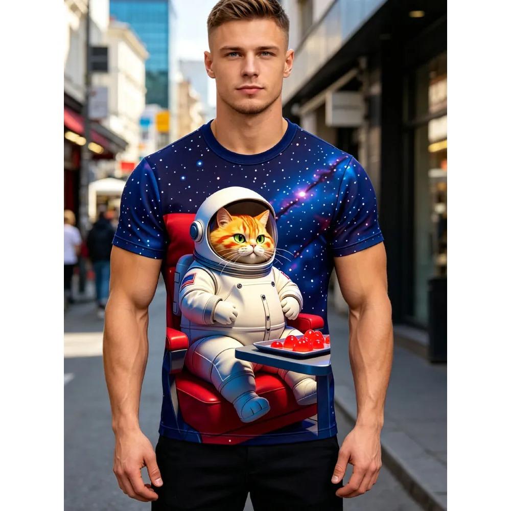 Summer Fashion Men's Fun Cat 3D Printed T-shirt Comfortable Soft Breathable Loose Large Casual Sports Versatile Short Sleeve T-shirt