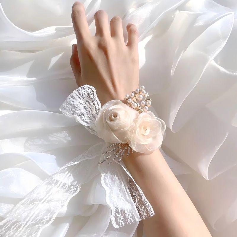 Korean Style Wedding Wrist & Boutonniere Floral Bracelets for Bridesmaids & Groomsmen