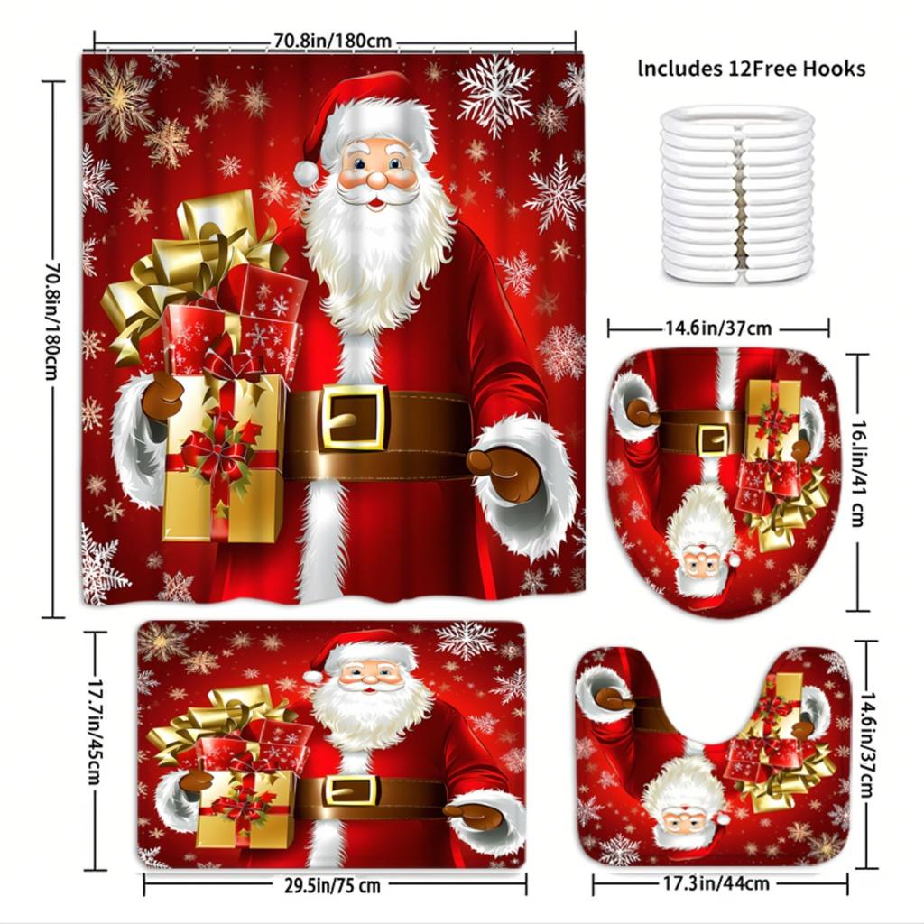 4Pcs creative Christmas Santa Claus themed printed Shower Curtain Set with Non-Slip Bath Mat, Toilet Lid Cover, Contour Rug & 12 Hooks, Bathroom Decor