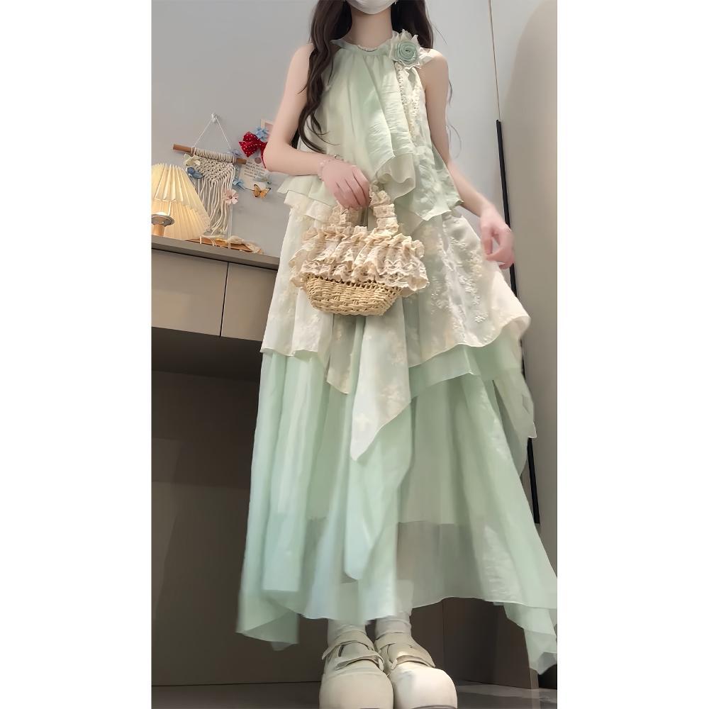 Seaside Vacation Mint Green Sleeveless Neck Dress Irregular Lace Splicing Loose Temperament Long Dress Summer
