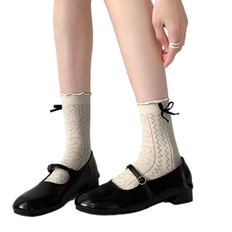 Women's Japanese Sweet Bowknot Accent Crew Socks Elegant Students Hollowout Heart Pattern Ruffle Top Middle Calf Socks
