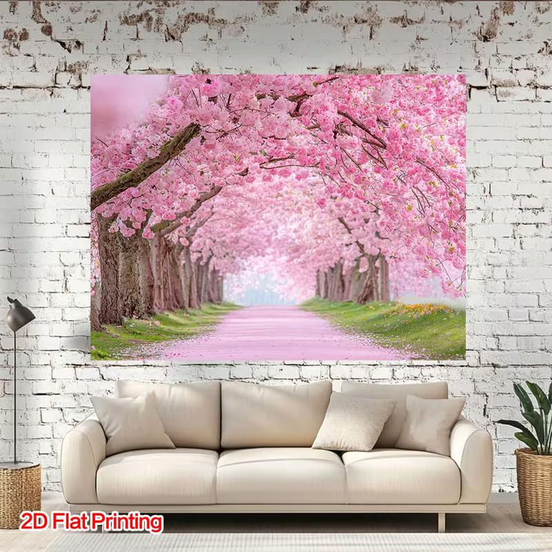 2D Flat Print Cherry Blossom Tapestry, Sakura Tree Tunnel Wall Backdrop for Photoshoot
