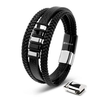 Premium Genuine Leather Bracelet Black Magnetic Stainless Steel Clasp Silver and Gold Comes with Customized Jewelry Box Perfect Gift Silver
