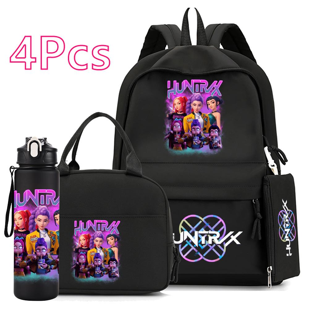 4Pcs/set Anime K-Pop Demon Hunters Printed 750Ml Water Bottler Backpack Handbag Pencil Case for Teenager Boy Girl Large Capacity Waterproof Schoolbag