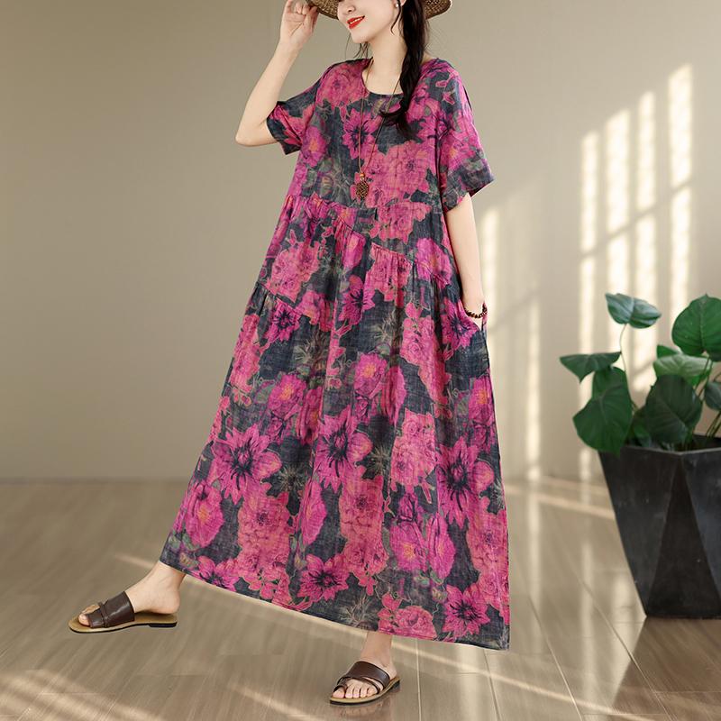 DIMANAF New 2026 Sundress Women Plus Size Summer Casual Print Long Dress Oversize Cotton Loose Maxi Floral Beach Holiday