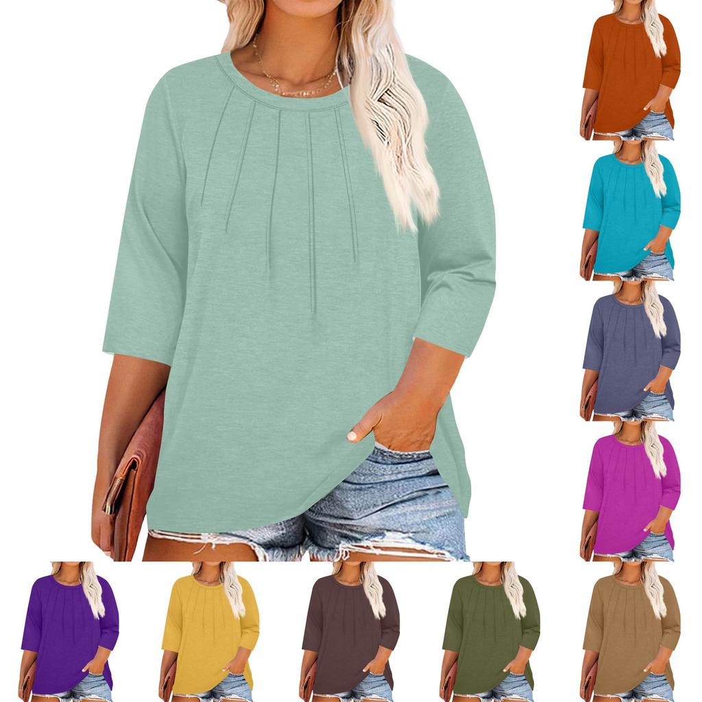Women's Solid Color Round Neck Plus Size Tops 3/4 Sleeves Elegant Shirt Tops