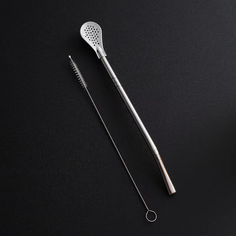 304 Stainless Steel Straw Spoon Mixing Spoon Detachable Cleaning Straw Drinking Tube Juice Milk Tea Filtering Straw