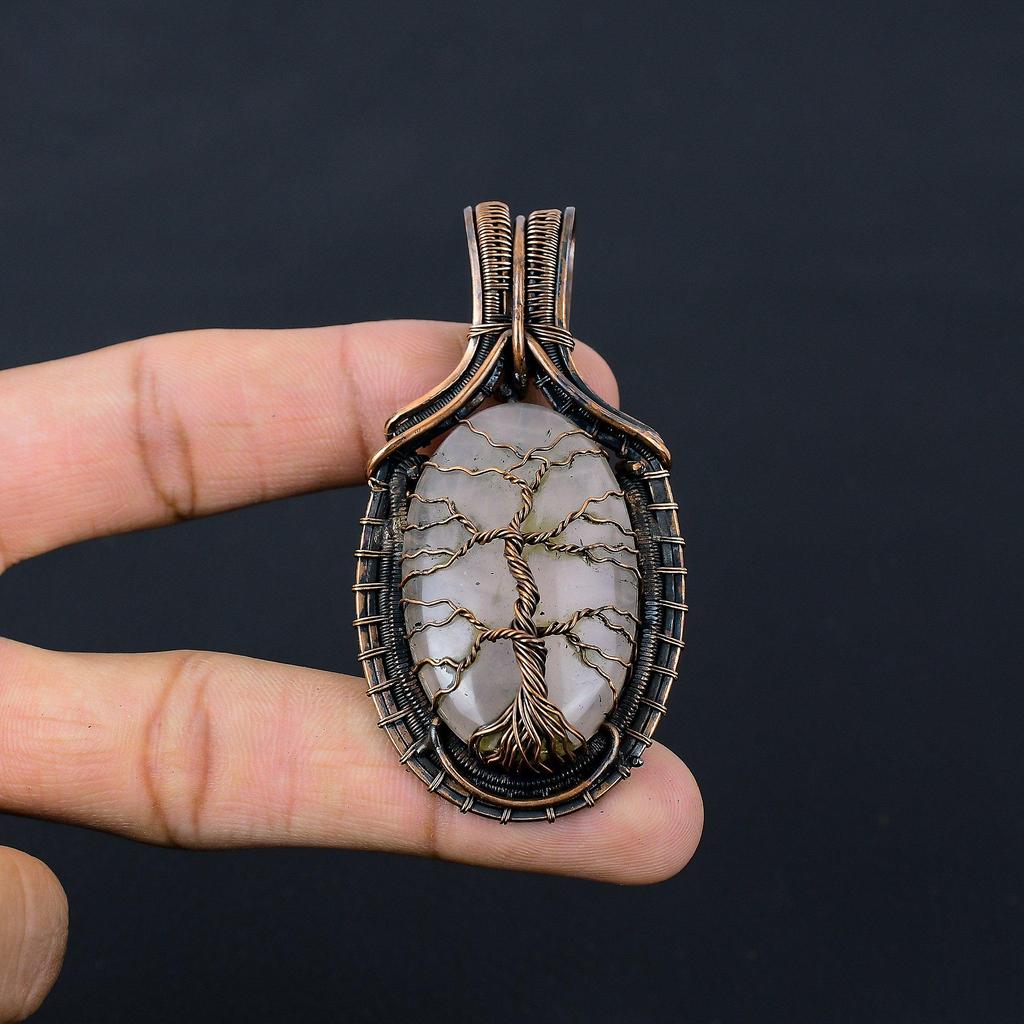 Tree Of Life Rose Quartz Gemstone Pure Copper Wire Wrapped Handmade Jewelry Pendant
