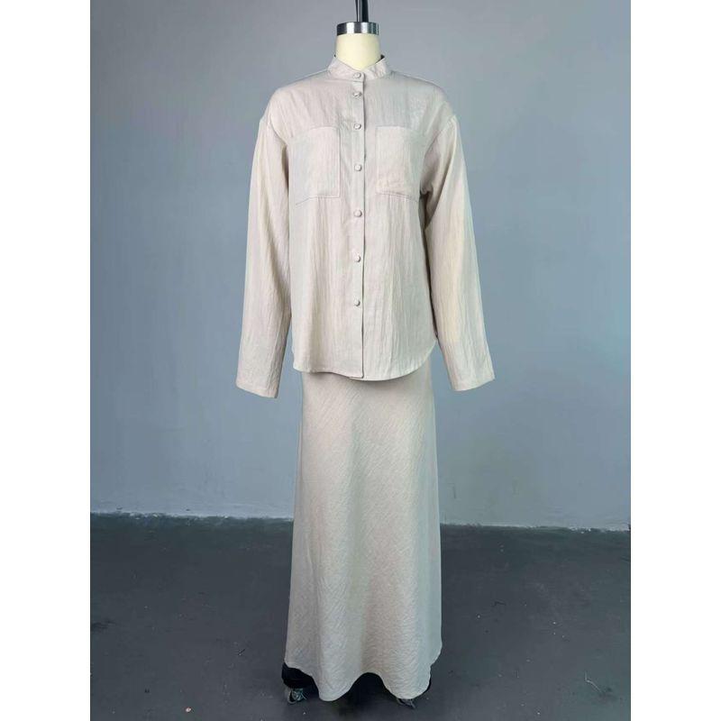 

Западный стиль Новая мода Однотонные Свободные Рубашки Юбки комплекты Комплект из Рубашки и Юбки Костюм Khaki XXL