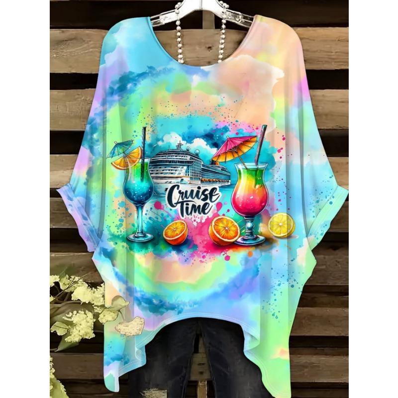 

Женская футболка большого размера с коротким рукавом и асимметричным подолом Круизный коктейль 1XL