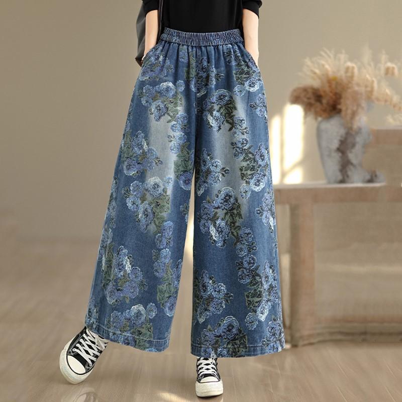 Plus size Vintage floral high waist casual loose Women spring summer autumn jeans denim wide leg Pants