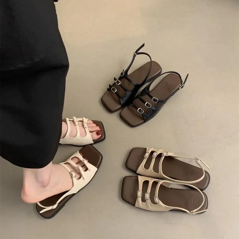 Women's Sandals Summer 2024 Retro French Flat Back Strap Roman Shoes Square Toe Belt Buckle Flat Sandalias Femininas
