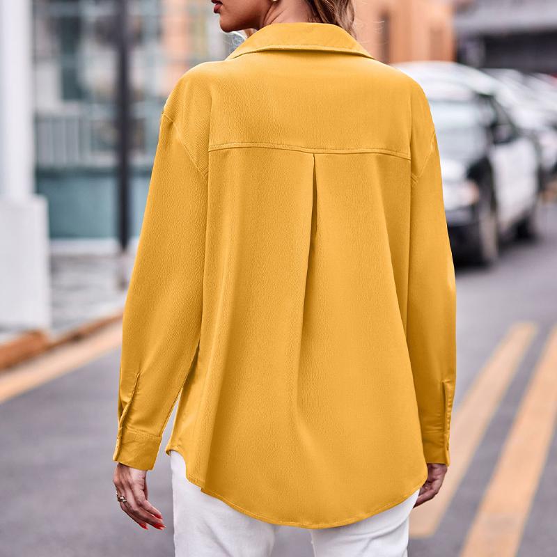 Damen Langarmhemd mit zwei Taschen Übergröße Einfarbig Lässig zum Knöpfen Bluse