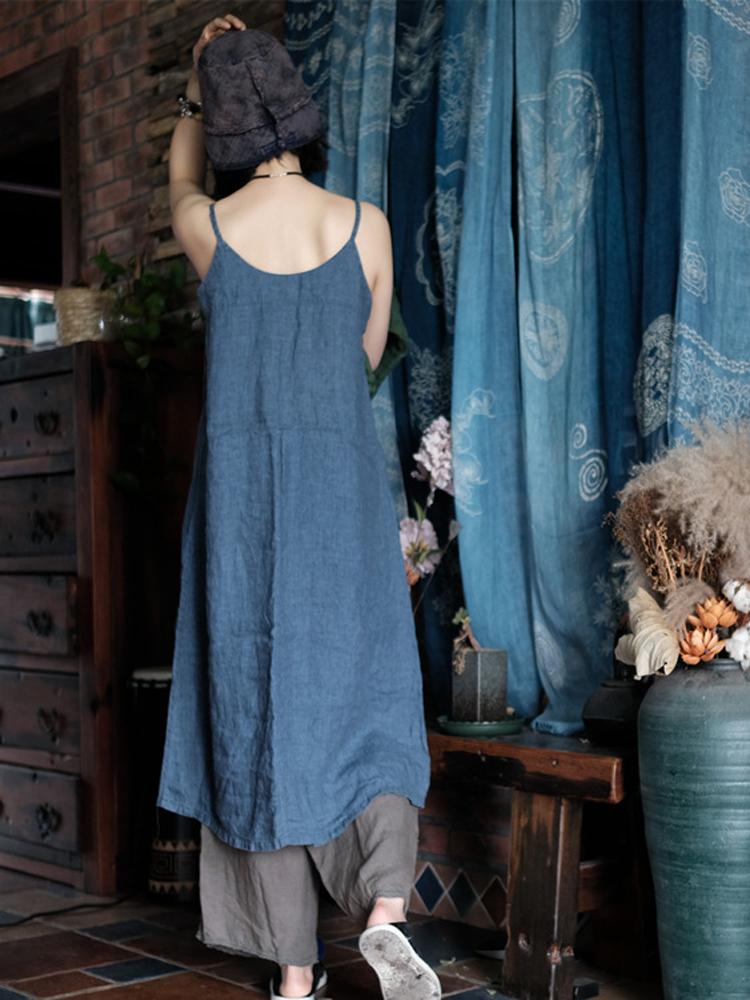 Johnature Dámské šaty Vintage Patchwork Barva Letní Tlačítko Čínský Styl Len Dámské Špagetové šaty s popruhem