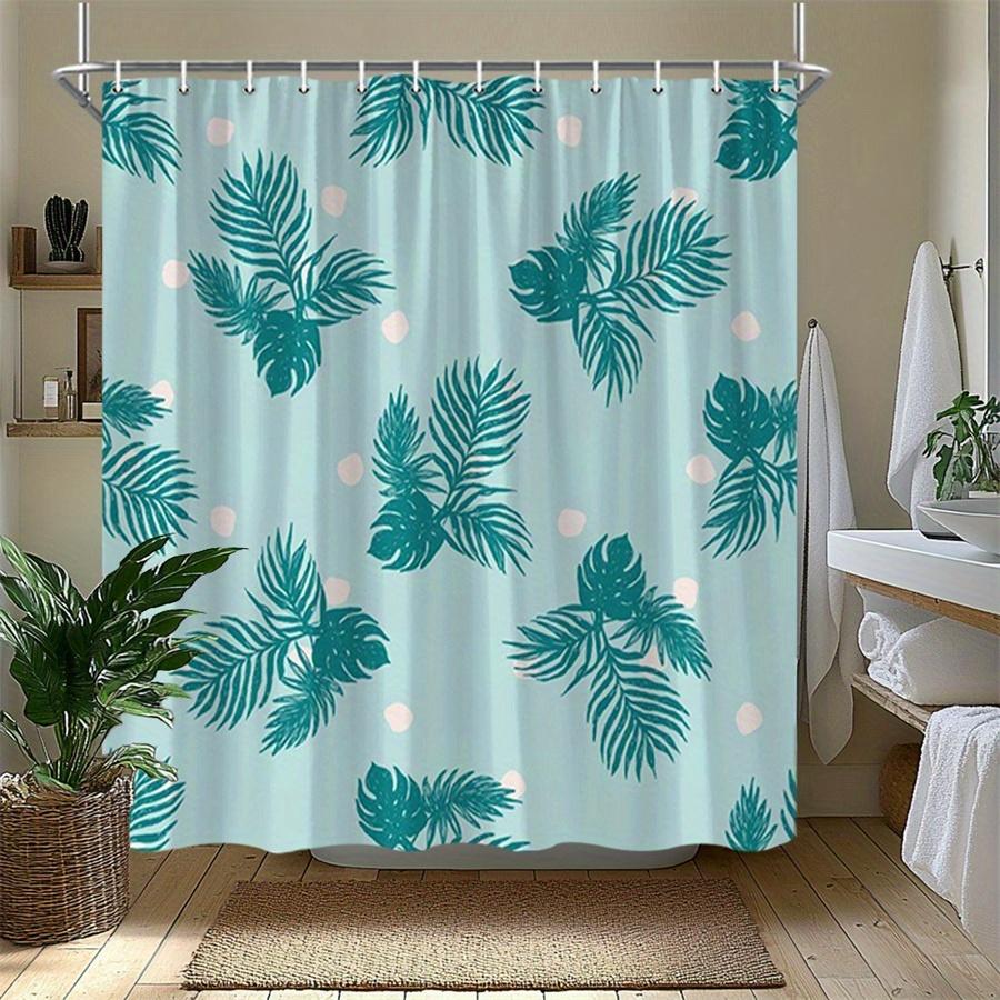 1pc Blue-green shower curtain with palm leaf and monstera leaf pattern, made of polyester fabric, suitable for bathroom décor.