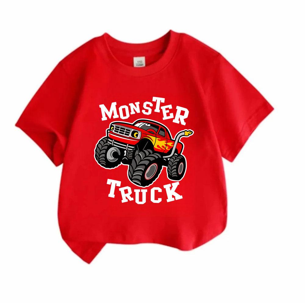 Cartoon Monster Truck Print Kids Boys Girls 100% Cotton O-neck Short Sleeve T-Shirt, Casual Lightweight Tees for Toddlers Children Daily Wear