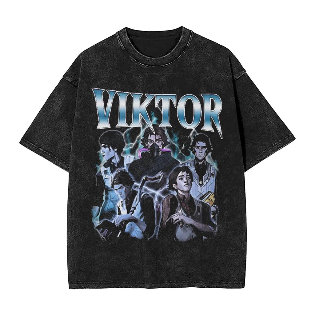 Anime Arcane Viktor Glorious Ovulation Graphic T Shirt Men Vintage Washed Cotton T-shirts Casual Oversized T-shirt Harajuku Tops