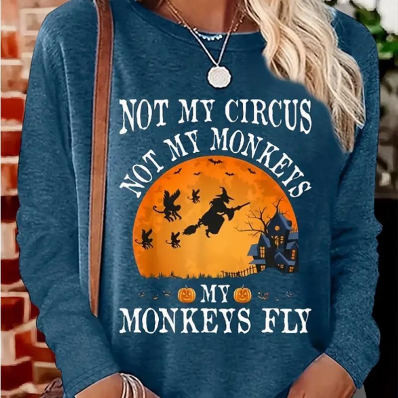 Tops For Women Halloween Night Witch Print Round Neck Long Sleeve T-shirt Fall Casual Slim Pullover Women's Long Sleeve Top
