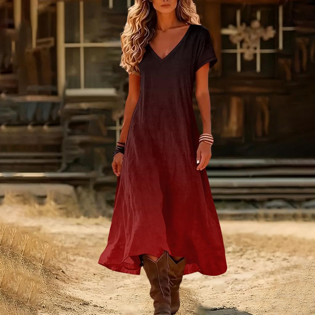 Modisches Damen Sommer V-Ausschnitt Kurzarm Farbverlauf Bedrucktes Strandkleid