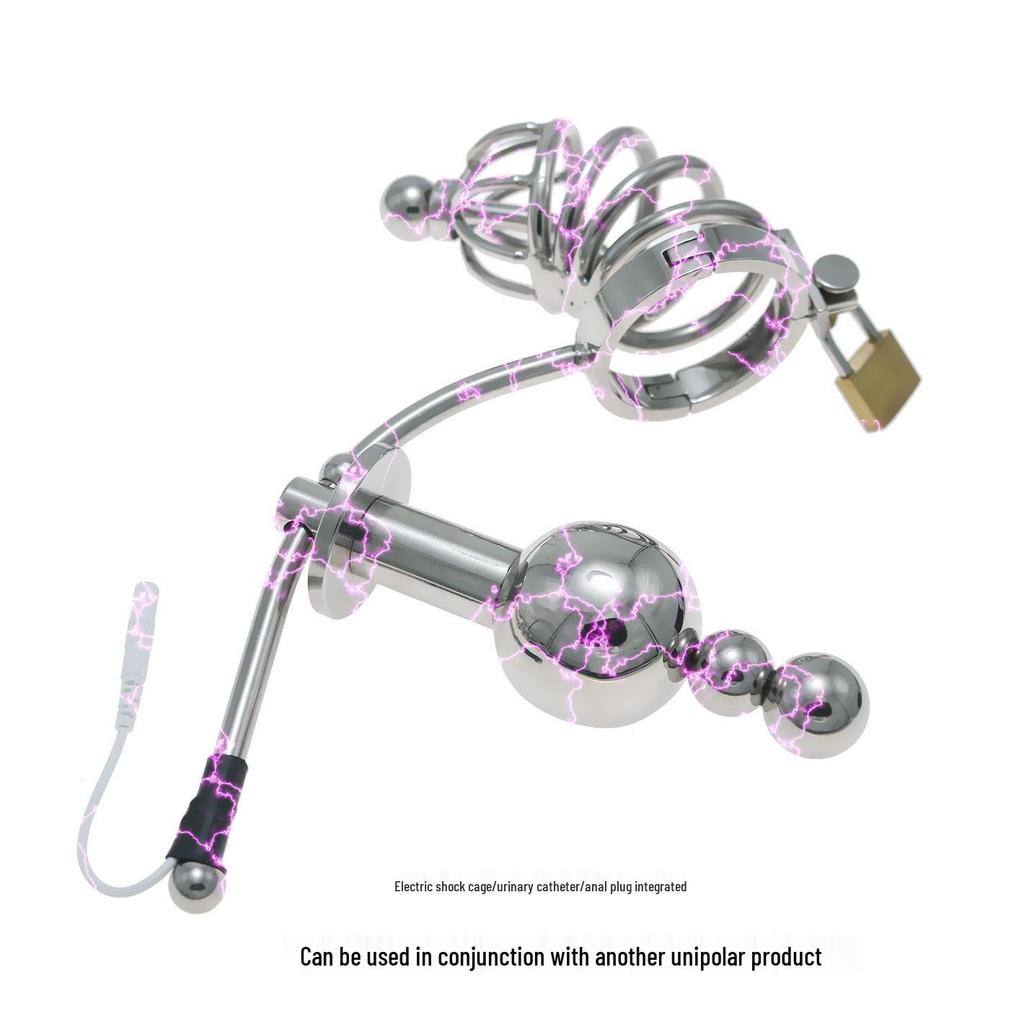 Chaqiu Electric Pulse CB Chastity Cage & Lock with Anal Plug Stainless Steel Set