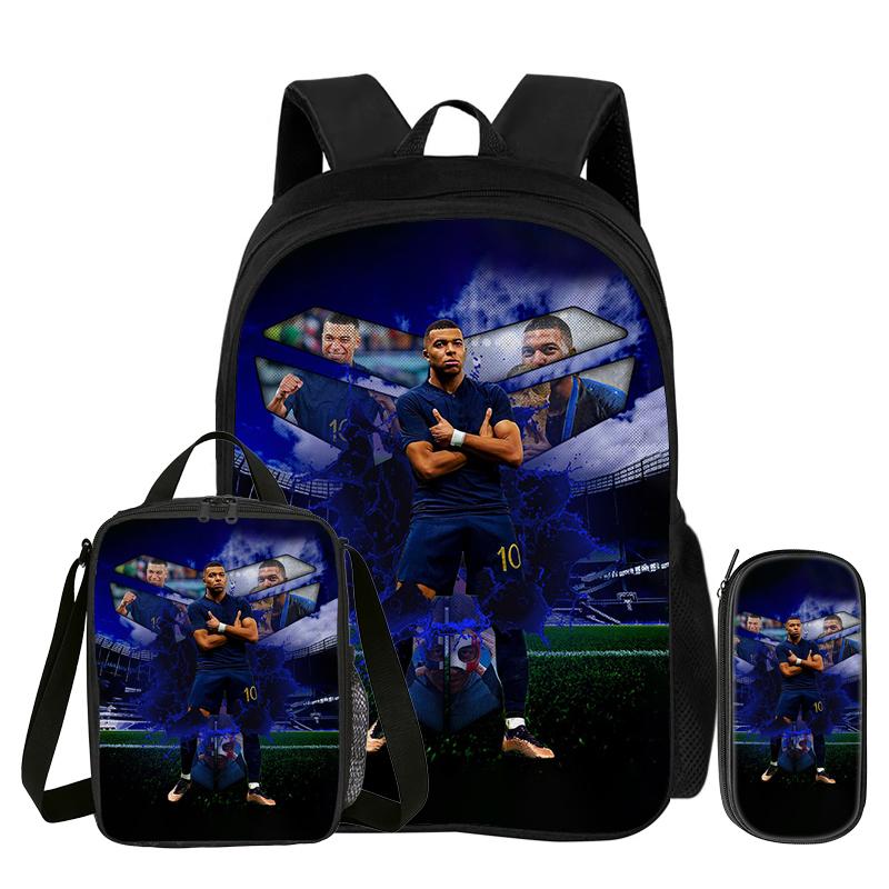 Voetbal Sportrugzak M-Mbappe 3-delige Set Schoolrugzak Leren, Reizen Etui, Lunchtas, Voetbalster Boekentas