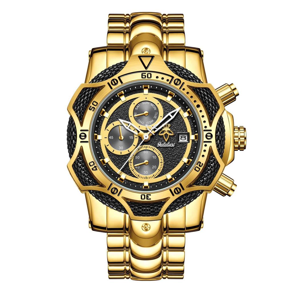 Luxury Gold Men's Quartz Watch Big Dial Chronograph Date Wristwatch Waterproof Business Casual Timepiece for Men