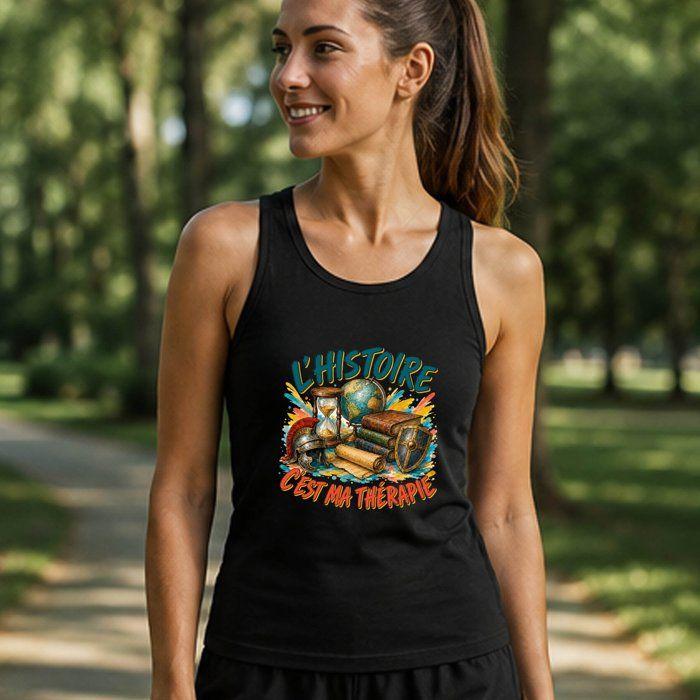Débardeur Femme L’Histoire c’est ma thérapie | Tee Shirt Sans Manches en Coton Ringspun 150 g/m² Dos Nageur Noir Taille M | Cadeau