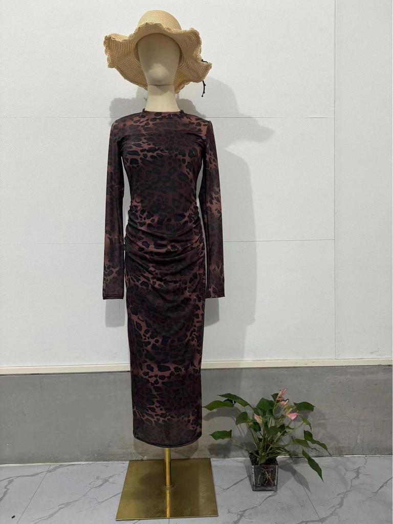 Leopard Print Round Neck Midi Dress with Waist-Cinching Floral Design – Spring Women's New Arrival