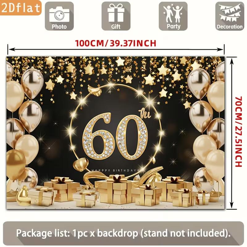 2D Black Gold 60 Birthday Backdrop Star Confetti & Balloon Decor Background Banner