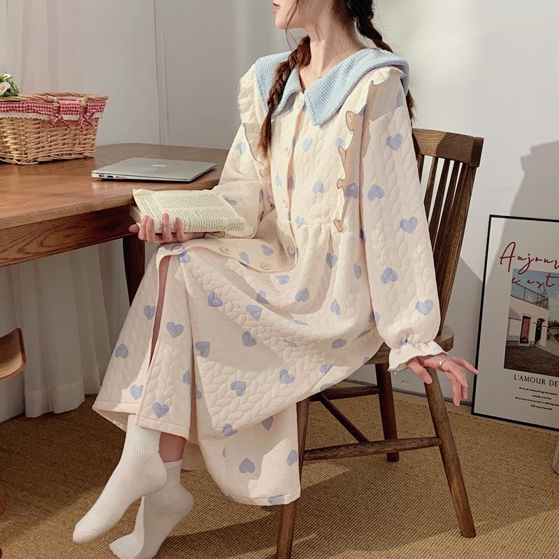 New Style Air Cotton Maternity Nursing Nightdress – Long Sleeve, Suitable for Autumn/Winter, Perfect for Postpartum/Breastfeeding