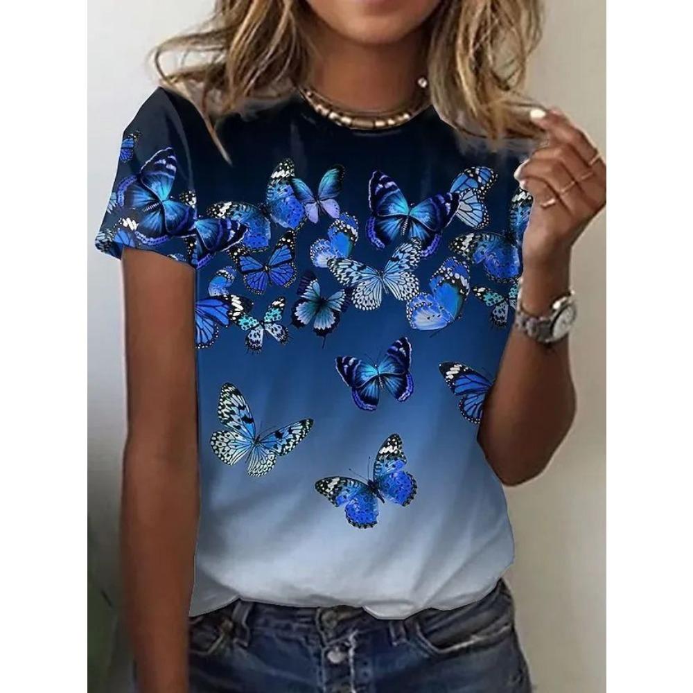 3D Printed Pattern T-shirt, Summer and Spring Short Sleeved Round Neck Casual Top, Women's Clothing