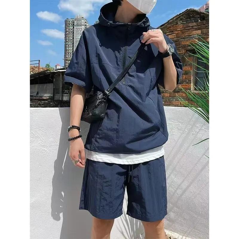Men's Summer Solid Color Suit Loose Hooded Zipper Style Top + Work Shorts Two Piece Set