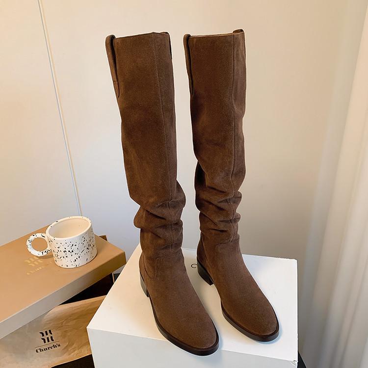 Soft! Round head thick heel women's boots women's but knee gray knight boots women's pile boots cow flip versatile medium heel tide