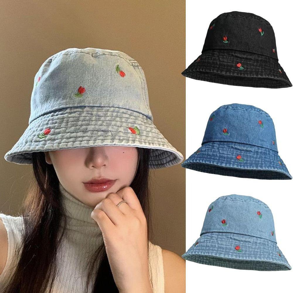 Fashionable Rose Embroidered Denim Fisherman Hat Wide Brim Foldable Women's Bucket Hat Sun Protection Beach Sun Hat Outdoor